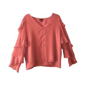 Vince Camuto | Peach Ruffle Sleeve V-Neck Chiffon Button Front Blouse, Medium